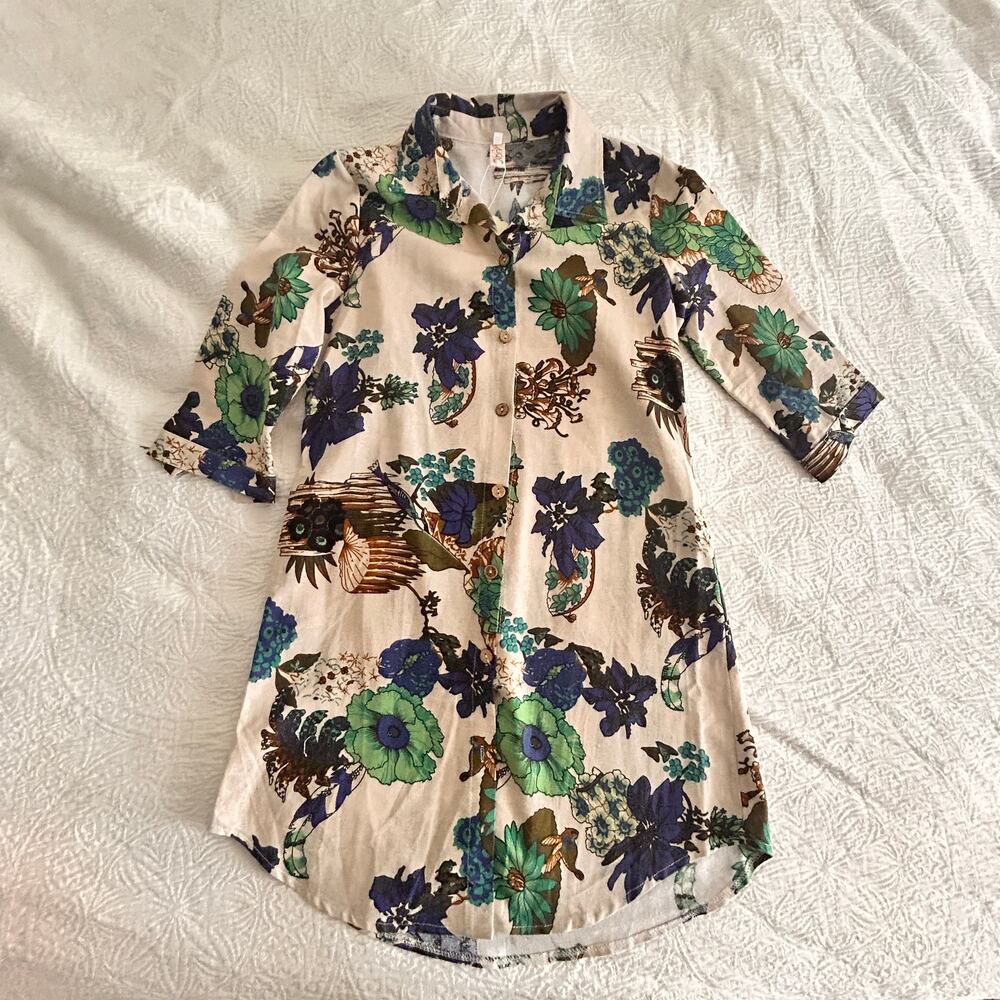 EJOY, Tropical Print, linen button up shirt dress